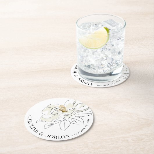 Witte Magnolia Illustratie Bruiloft Aangepaste Naa Ronde Kartonnen Onderzetter (Insitu)