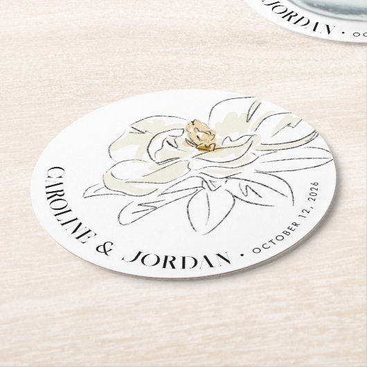 Witte Magnolia Illustratie Bruiloft Aangepaste Naa Ronde Kartonnen Onderzetter (Gebogen)