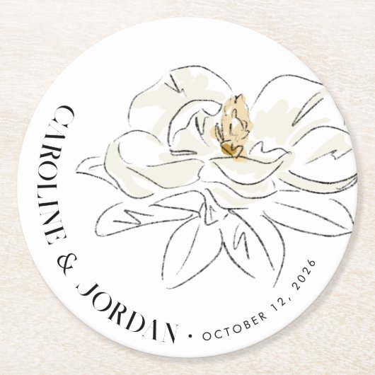 Witte Magnolia Illustratie Bruiloft Aangepaste Naa Ronde Kartonnen Onderzetter (Voorkant)