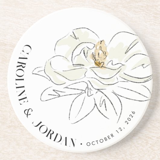Witte Magnolia Illustratie Bruiloft Aangepaste Naa Zandsteen Onderzetter (Voorkant)