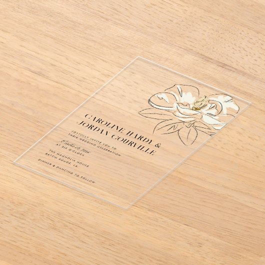 Witte Magnolia illustratie Moderne minimale bruilo Acryl Uitnodigingen (Laagn)