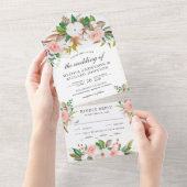 Witte Magnolia Katoen Blozend Roze Bloemige Trouw All In One Uitnodiging (Afscheurbaar)