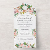 Witte Magnolia Katoen Blozend Roze Bloemige Trouw All In One Uitnodiging (Binnen)