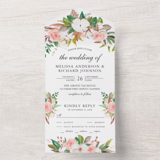 Witte Magnolia Katoen Blozend Roze Bloemige Trouw All In One Uitnodiging (Binnen)