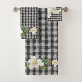Witte Magnolia Leaves Black Check Rustic Bad Handdoek