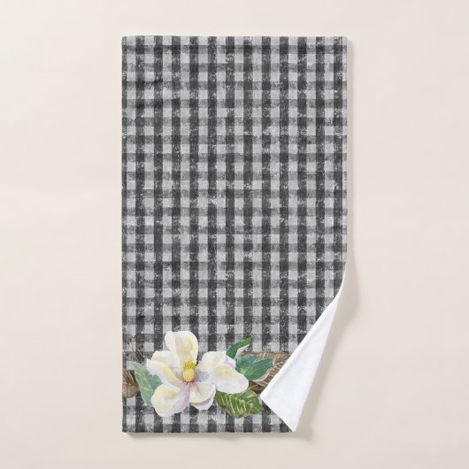 Witte Magnolia Leaves Black Check Rustic Bad Handdoek (Handdoek)