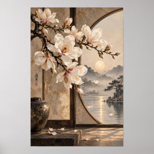 Witte Magnolia Maan Poort Berg Meer Muurkunst Poster