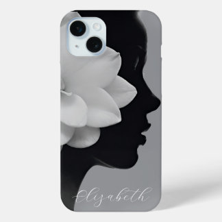 Witte Magnolia Meisje Silhouet Monochroom  iPhone 15 Mini Hoesje