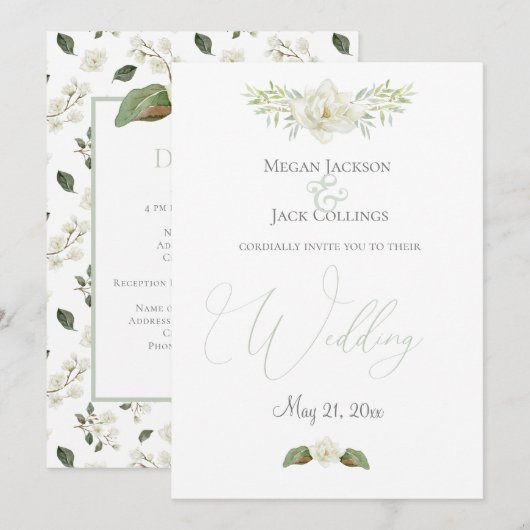 Witte Magnolia Minimalistische Traditionele Bloemi Aankondiging (Voorkant / Achterkant)