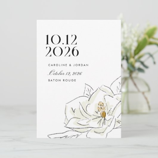 Witte Magnolia Moderne minimale trouwfoto Save The Date (Staand voorkant)