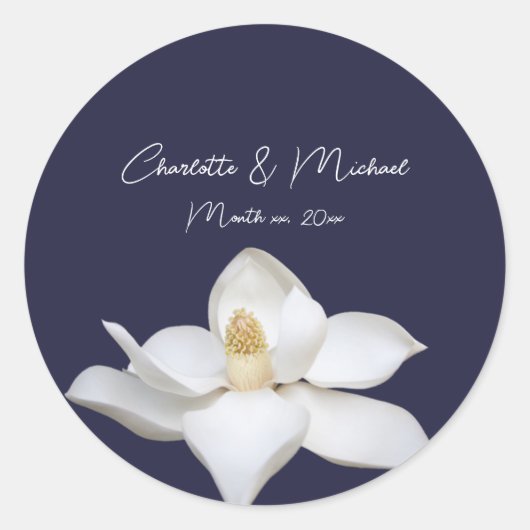 Witte Magnolia op Navy Elegante Trouw  Ronde Sticker (Voorkant)