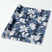Witte Magnolia Patroon op middernacht achtergrond, Cadeaupapier (Uitgerold)