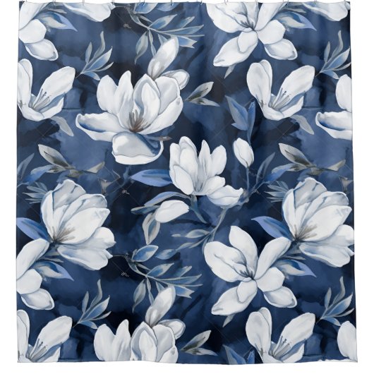 Witte Magnolia Patroon op middernacht achtergrond, Douchegordijn (Voorkant)