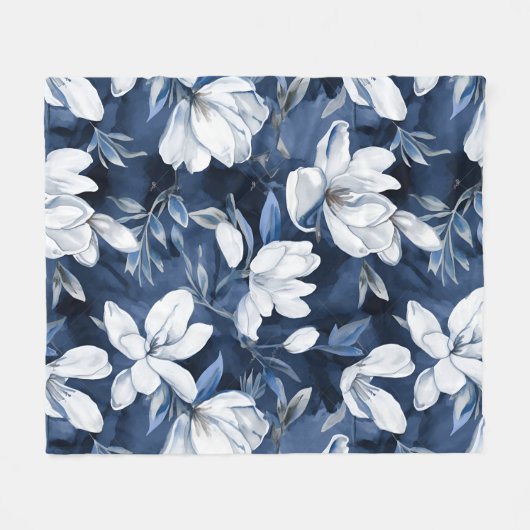 Witte Magnolia Patroon op middernacht achtergrond, Fleece Deken (Voorkant (Horizontaal))