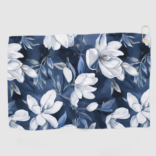 Witte Magnolia Patroon op middernacht achtergrond, Golfhanddoek (Horizontaal)