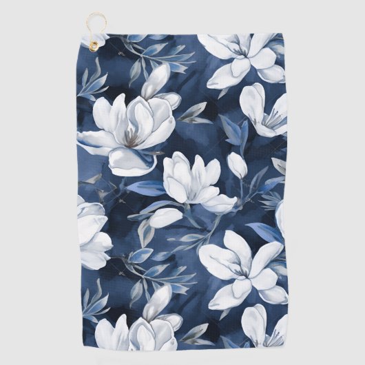 Witte Magnolia Patroon op middernacht achtergrond, Golfhanddoek (Voorkant)