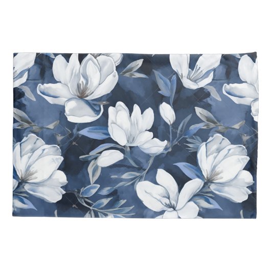 Witte Magnolia Patroon op middernacht achtergrond, Kussensloop (Achterkant)