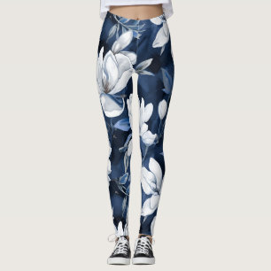 Witte Magnolia Patroon op middernacht achtergrond, Leggings