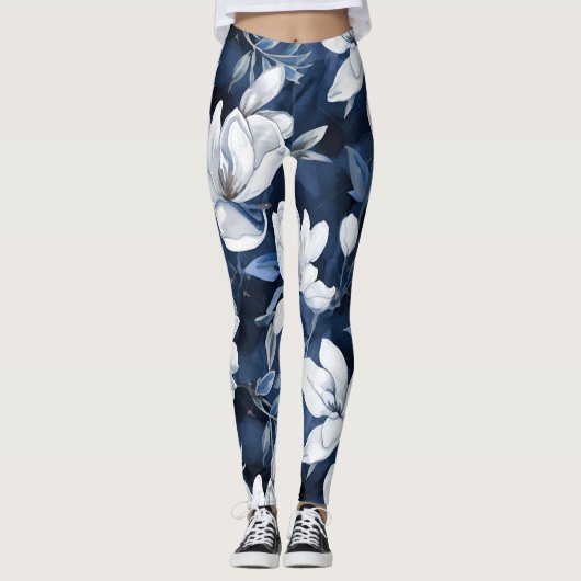Witte Magnolia Patroon op middernacht achtergrond, Leggings (Voorkant)