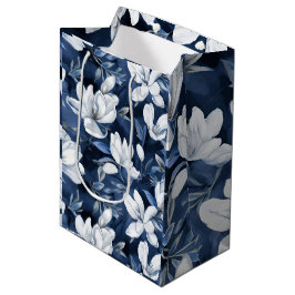 Witte Magnolia Patroon op middernacht achtergrond, Medium Cadeauzakje