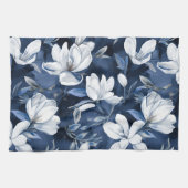Witte Magnolia Patroon op middernacht achtergrond, Theedoek (Horizontaal)