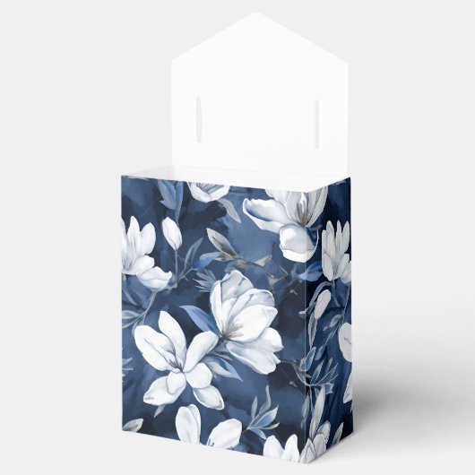 Witte Magnolia Patroon op middernacht chiffon Bedankdoosjes (Geopend)