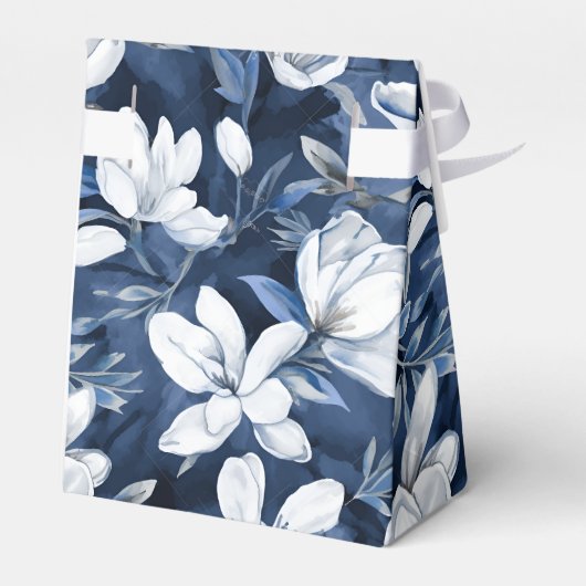 Witte Magnolia Patroon op middernacht chiffon Bedankdoosjes (Achterkant)