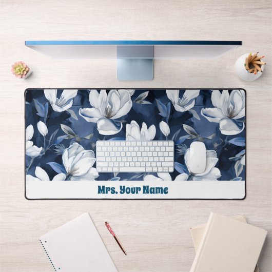 Witte Magnolia Patroon op middernacht chiffon Bureaumat (Kantoor 1)