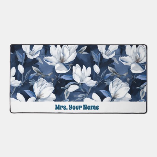 Witte Magnolia Patroon op middernacht chiffon Bureaumat (Voorkant)