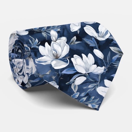 Witte Magnolia Patroon op middernacht chiffon Stropdas (Opgerold)