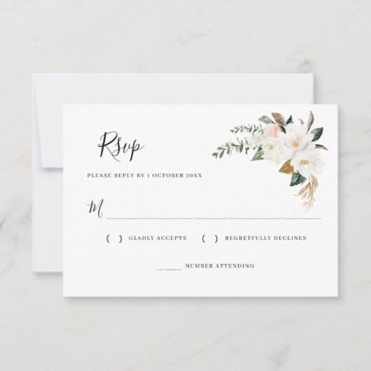 witte magnolia & roze bloemen RSVP kaart (Voorkant)