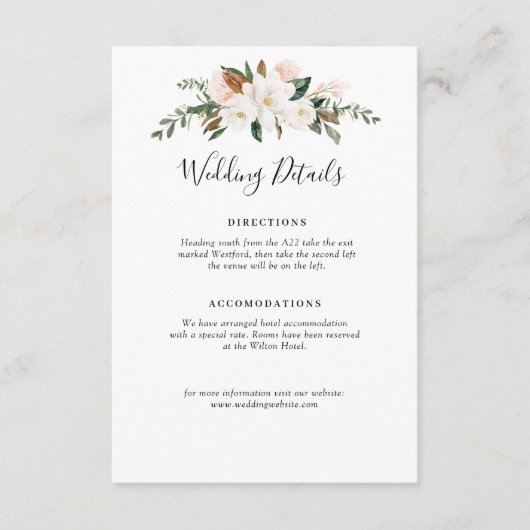 Witte Magnolia & Roze Bloemen Wedding Details Kaar Informatiekaartje (Voorkant)