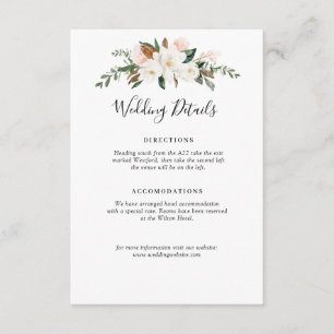 Witte Magnolia & Roze Bloemen Wedding Details Kaar Informatiekaartje