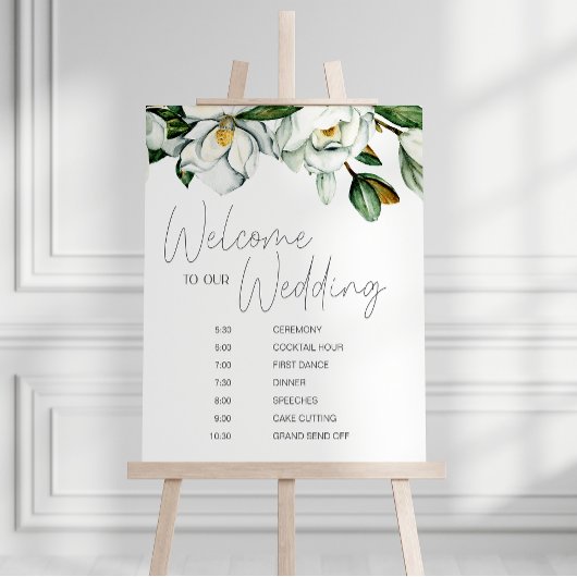 Witte Magnolia Rustieke Bloemen Bruiloftsschema Poster