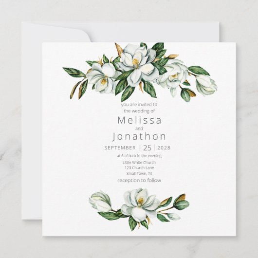 Witte Magnolia Rustieke Bloemen Huwelijksuitnodigi (Voorkant)