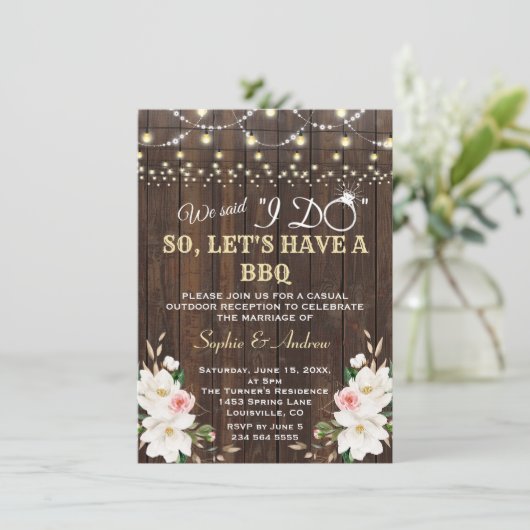 Witte Magnolia Schuur Slingers Lichten Na I DO BBQ Kaart (Staand voorkant)