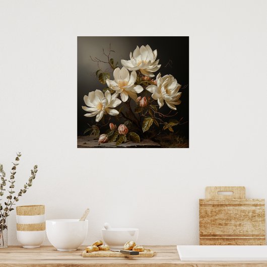 Witte magnolia tak met bloesem poster (Keuken)