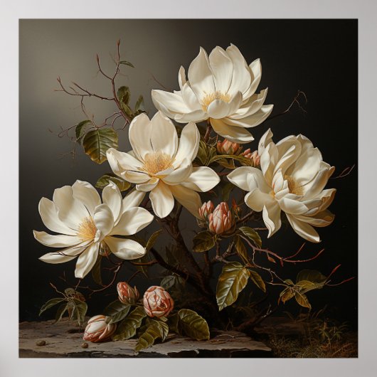 Witte magnolia tak met bloesem poster (Voorkant)