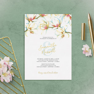 Witte Magnolia Watercolor Bloem Bruiloft Folie Uit Uitnodiging