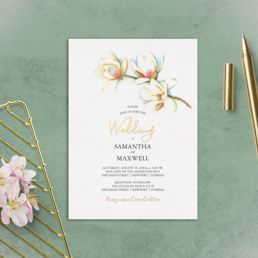 Witte Magnolia Waterverf Bloem Bruiloft Folie Uitnodiging