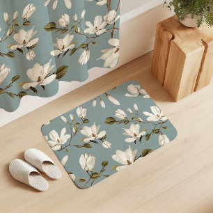 Witte Magnoliagaard op Eend Blauw Elegant Bloemstu Badmat