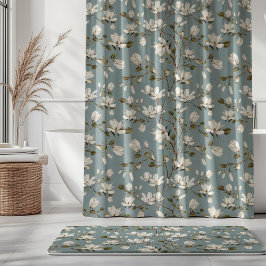 Witte Magnoliagaard op Eend Blauw Elegant Bloemstu Douchegordijn