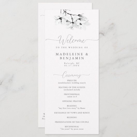 Witte Magnolia's Elegant Modern Huwelijksprogramma (Voorkant / Achterkant)