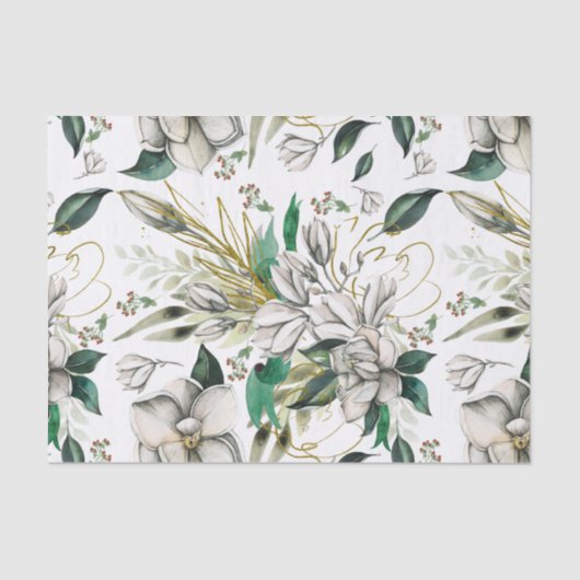 Witte Magnolias en Groene Ribbons Weefpapier Tissuepapier (Voorkant)