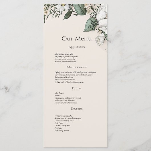 Witte Magnolia's en Vlinder Bruiloft Diner Menu (Voorkant)