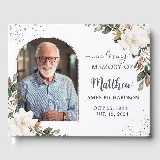 Witte Magnolias Floral Memorial Begrafenisfoto Gastenboek (Voorkant)