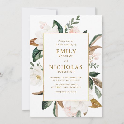Witte magnolia's gouden lijst bruiloft kaart (Voorkant)