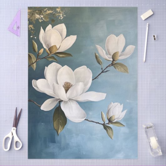 Witte Magnolia's op Blauwe Decoupage Tissue Pape Tissuepapier (Craft)