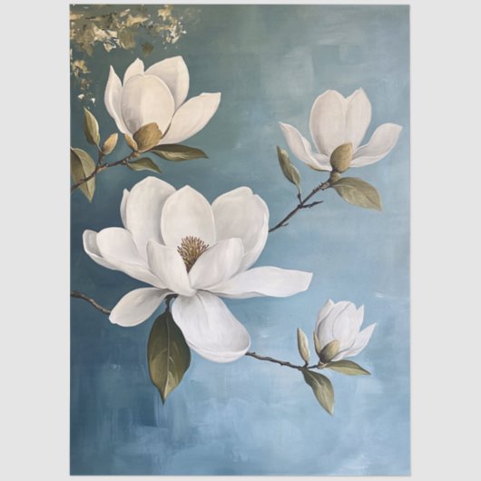 Witte Magnolia's op Blauwe Decoupage Tissue Pape Tissuepapier (Voorkant)