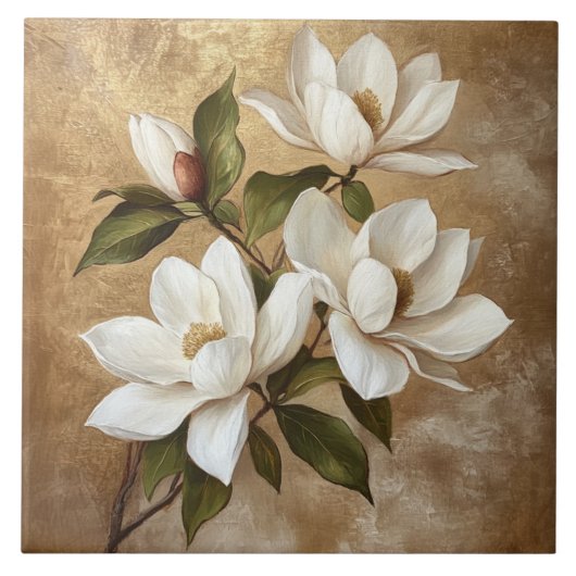Witte Magnolia's op gouden achtergrond Tegeltje (Voorkant)